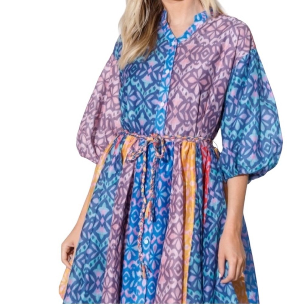 Yakira Bella Sari Patchwork Button Front Midi Dress Modest Colorful Boho S NEW